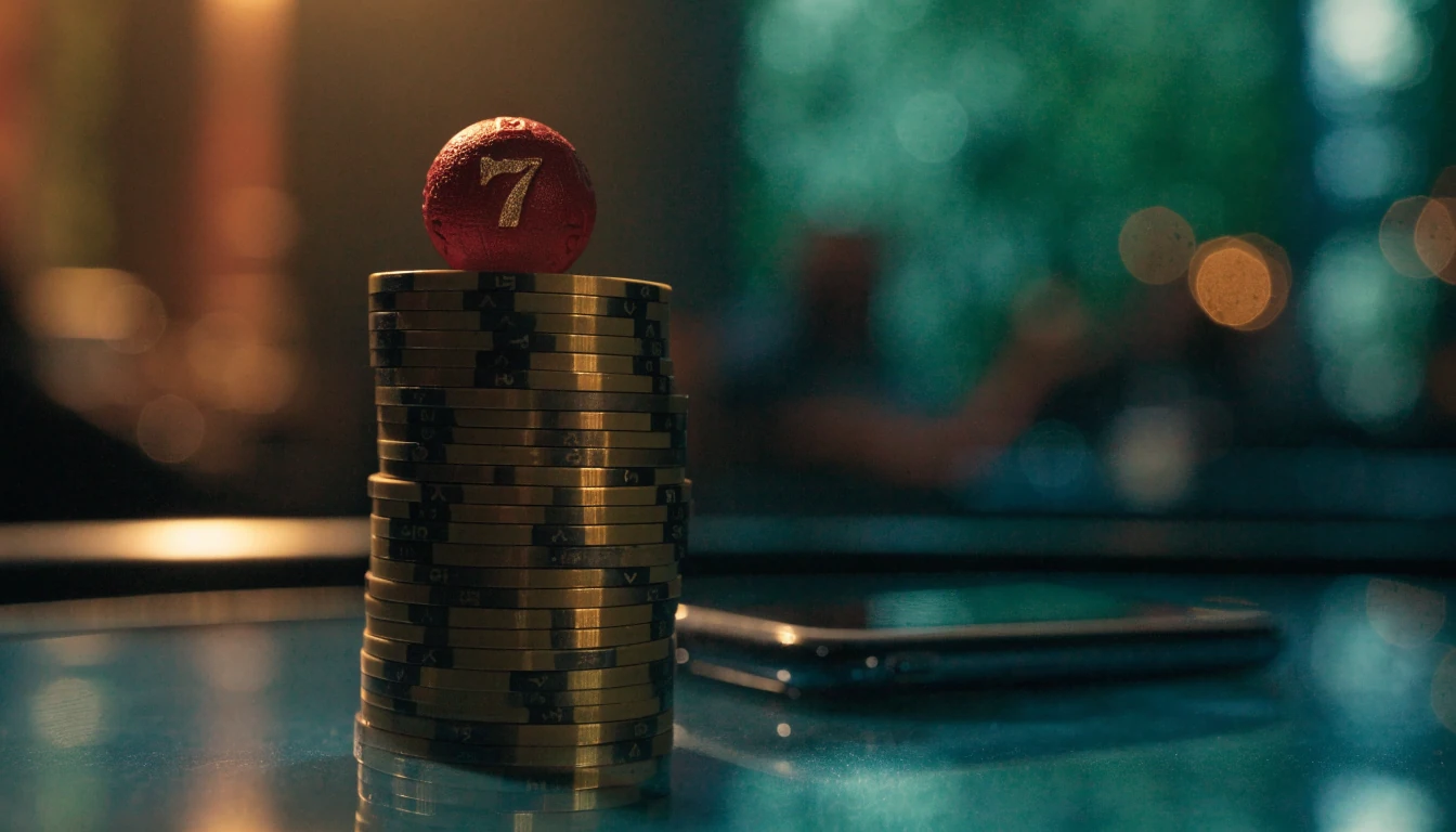 Golden casino chips and lucky seven charm on a glossy table with a face-down smartphone.