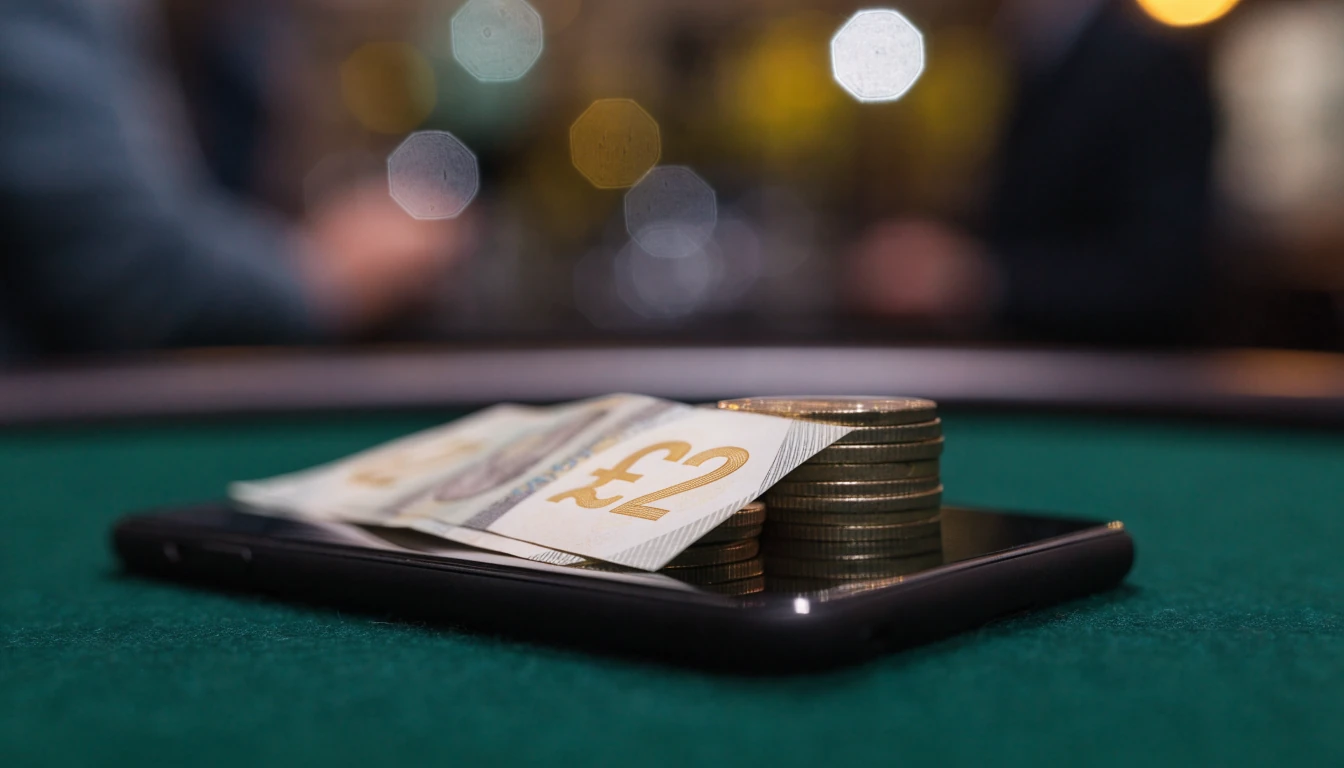 British pound coins and £2 notes on a green casino table with a face-down smartphone
