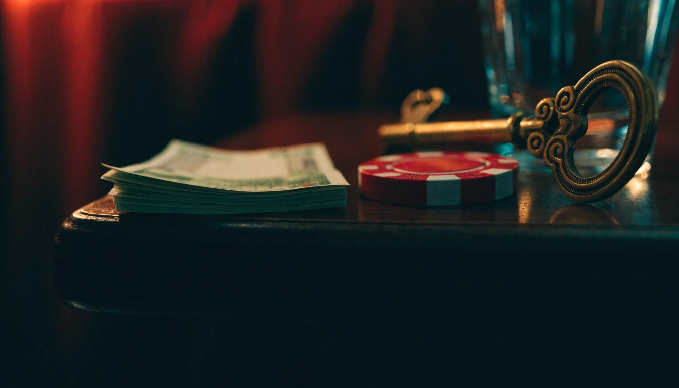 Three pound notes beside a red casino chip on dark wood