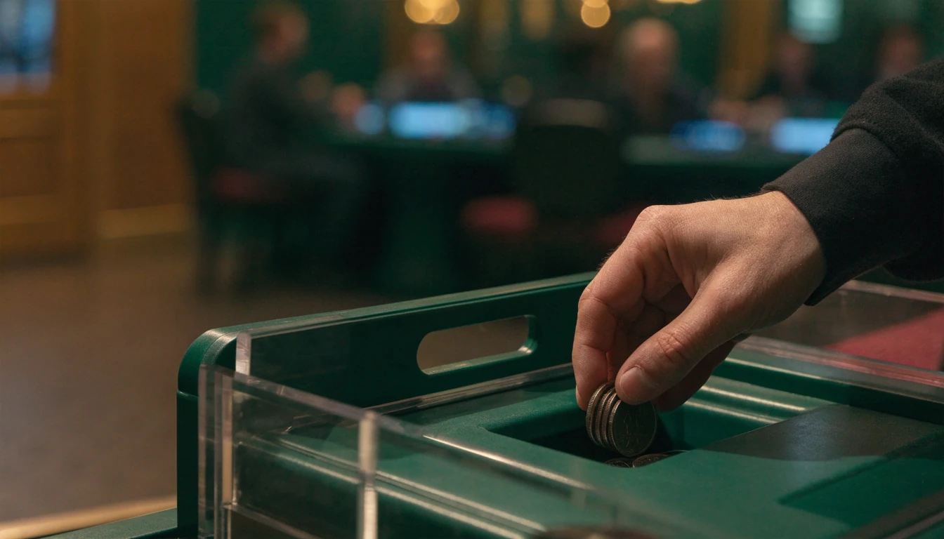 Hand depositing five British pound coins at a casino cashier