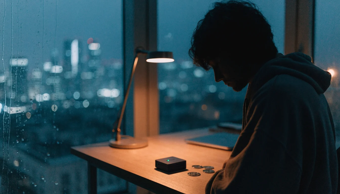 Shadowed person at desk with hardware crypto wallet in a moody London apartment at night