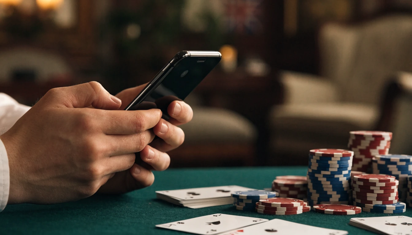 Android phone and physical casino chips beside a UK player