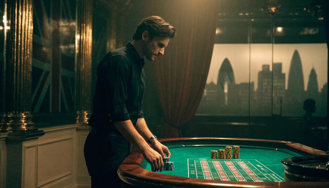 Luxurious live dealer casino studio with roulette table and British interior details