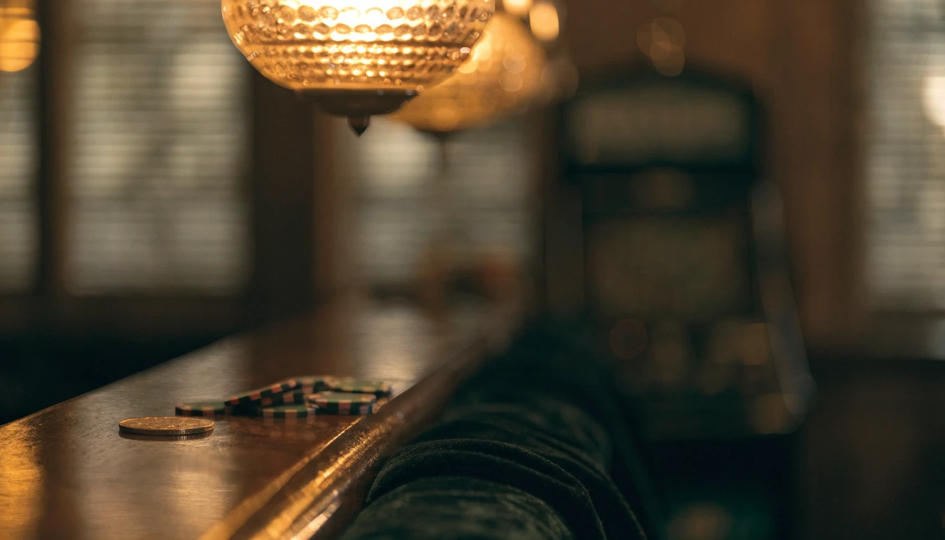 British pub bar with scattered chips and turned-away slot machine in warm amber light