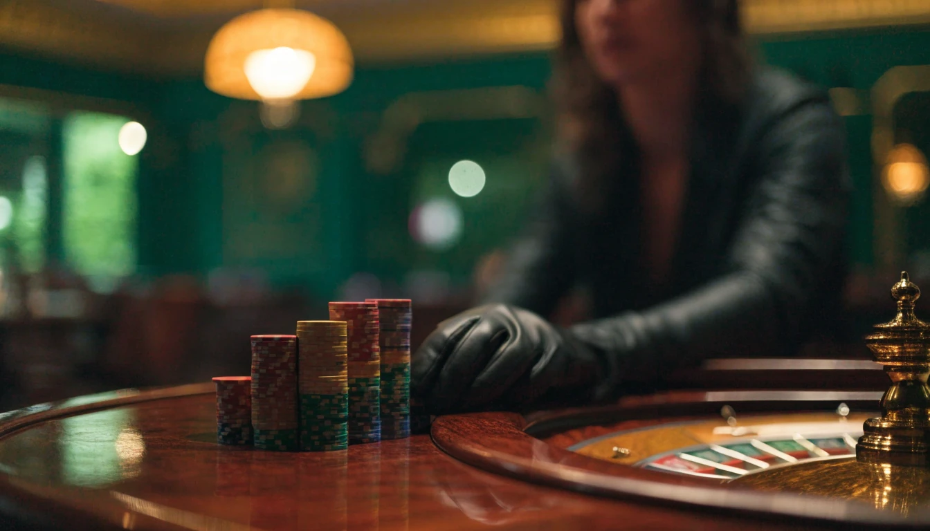 Casino chips and roulette wheel on a mahogany table in a luxurious British gaming lounge.
