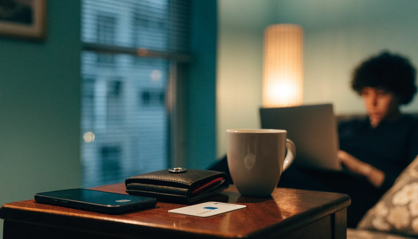 Smartphone, UK debit card, and wallet on a table in a London home