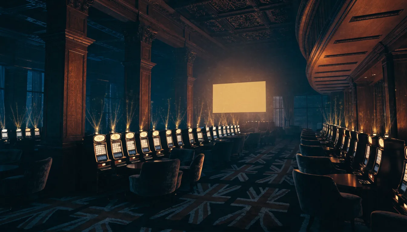 Glowing British casino slot machines connected by golden jackpot lights