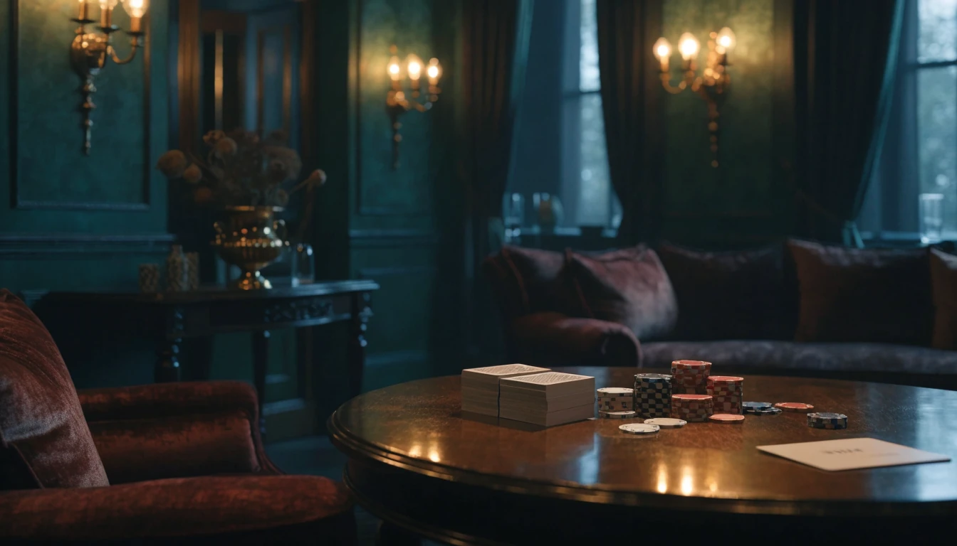 Luxurious British VIP casino lounge with cards, chips, and access card.