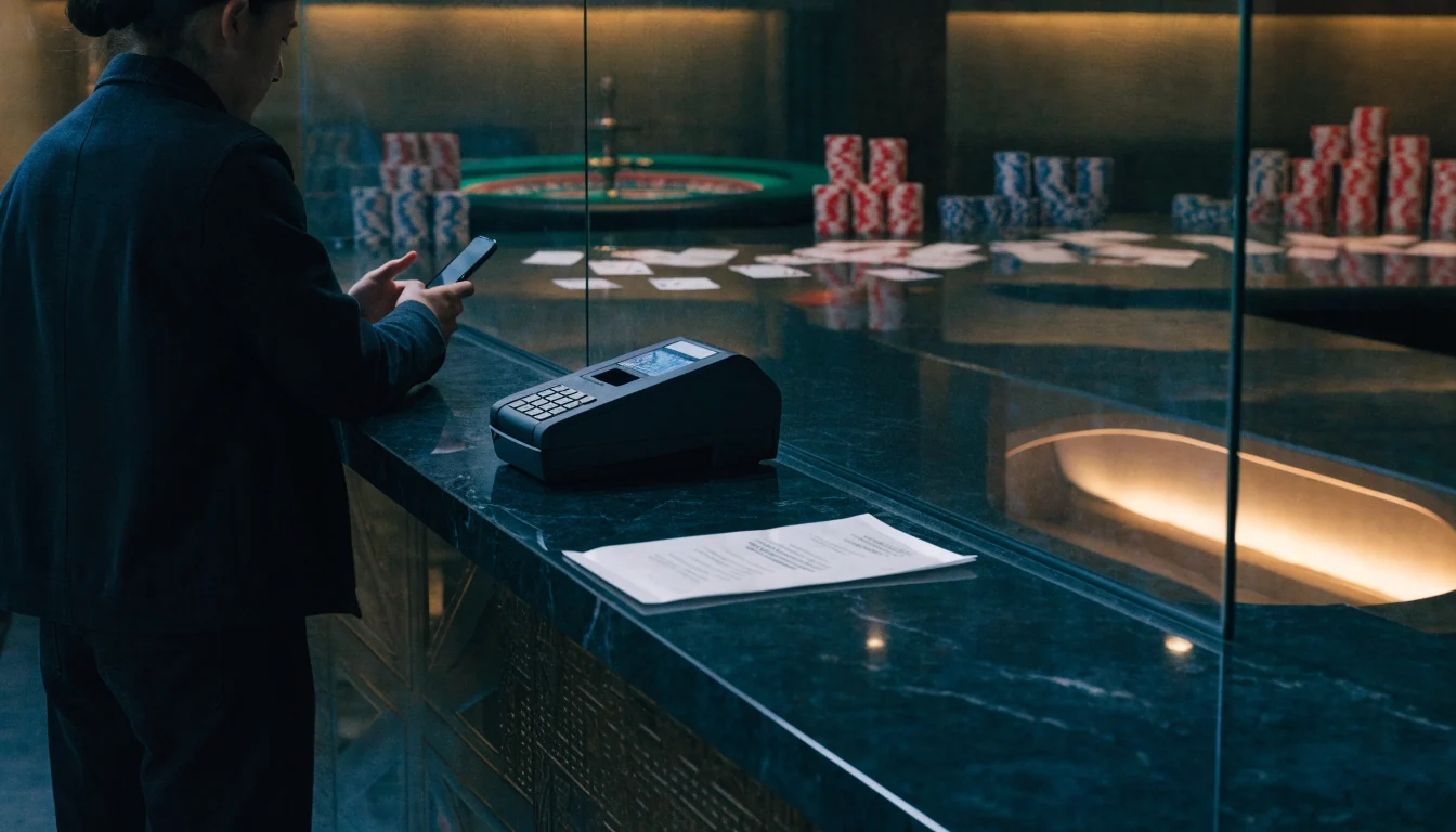 UK casino customer checking a payment voucher at a modern cashier counter