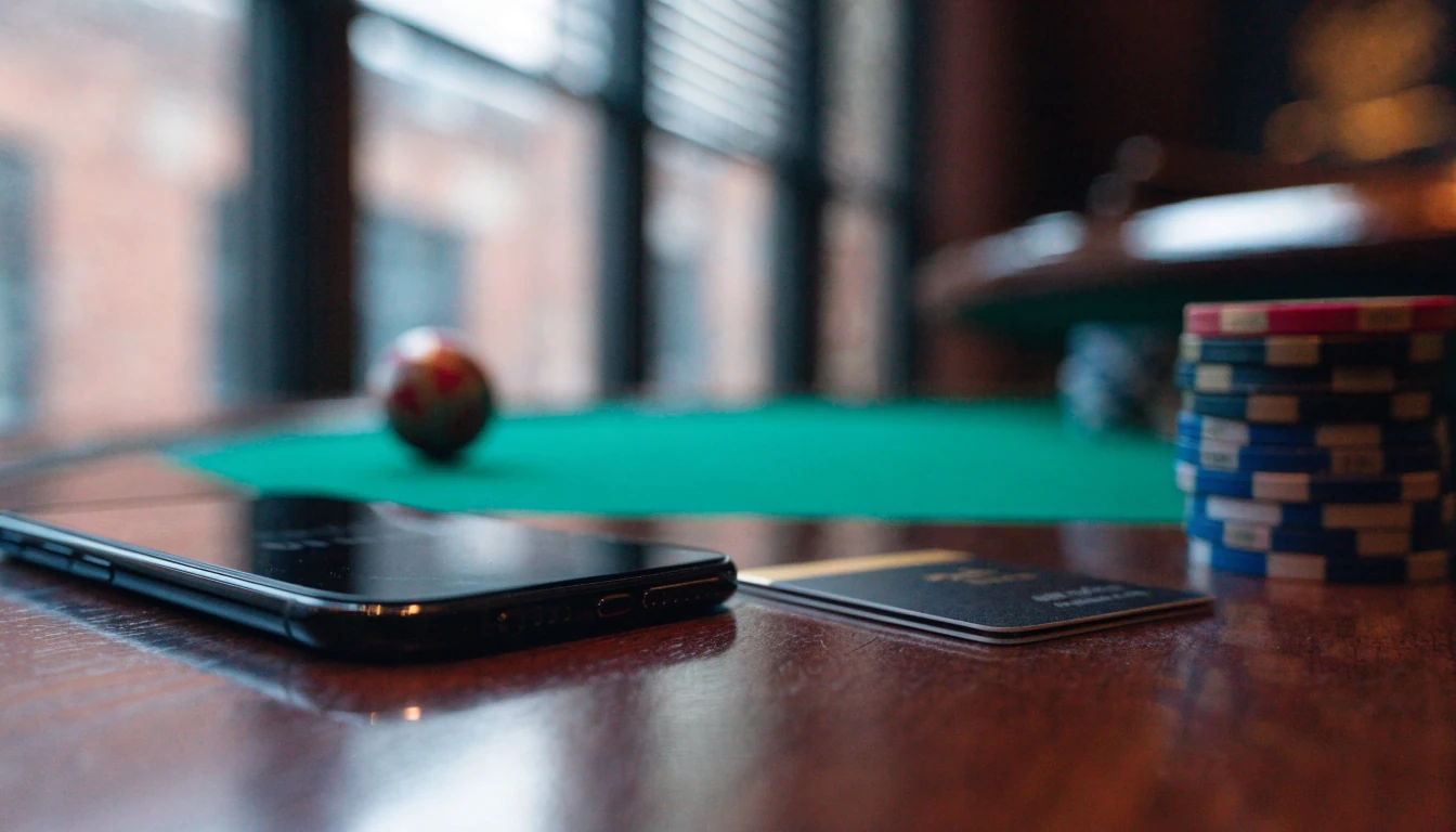 Smartphone, casino chips, roulette ball and e-wallet card on a dark surface