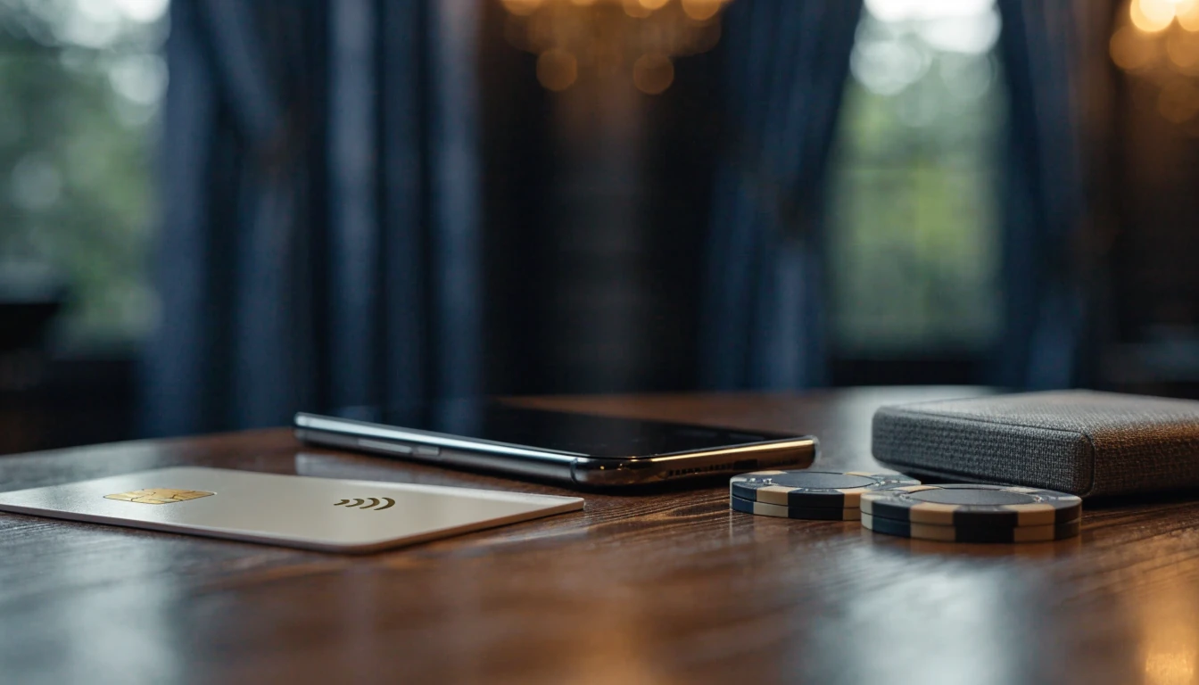 UK payment card, turned-away smartphone and unbranded casino chips on a table