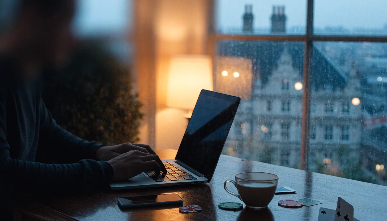 UK gamer at desk with laptop, poker chips, and tea at dusk