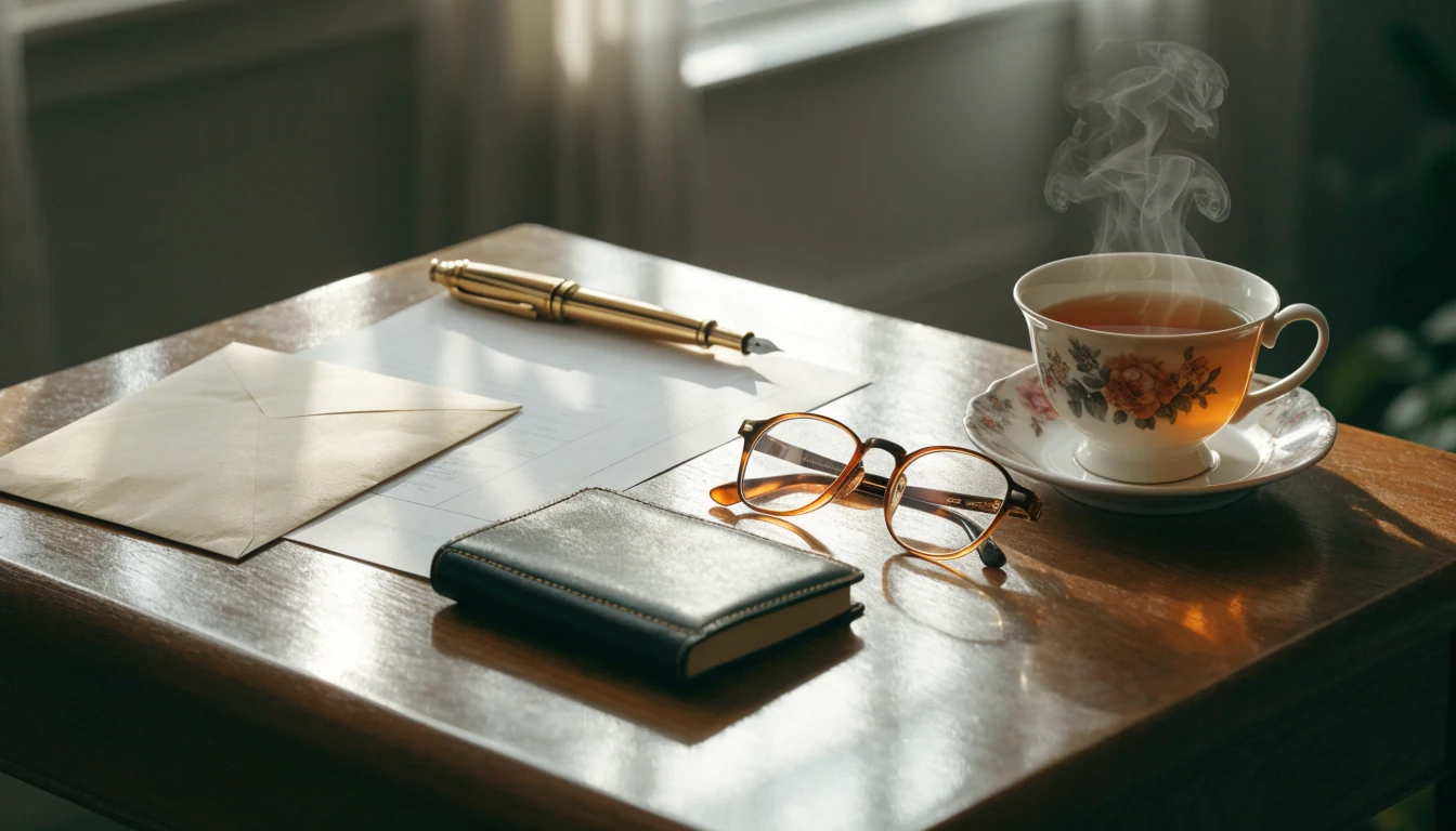 Wooden desk with an unsealed envelope, fountain pen, reading glasses, notebook, and a steaming cup of tea.