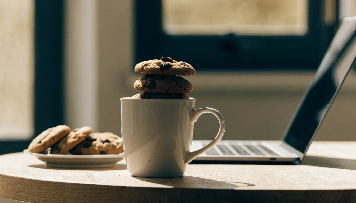 Chocolate chip cookies on a plate next to a mug and a laptop