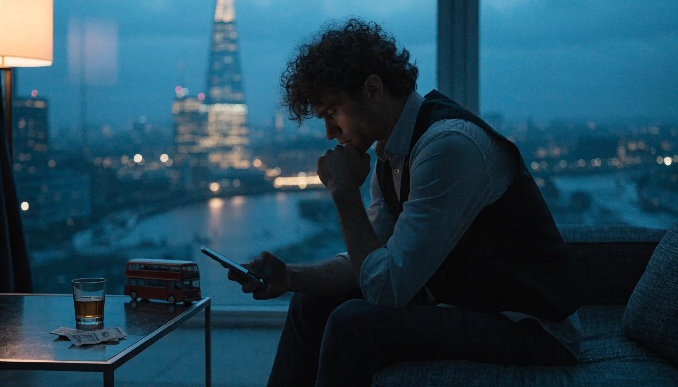 British man in London apartment holding phone at night with city skyline visible