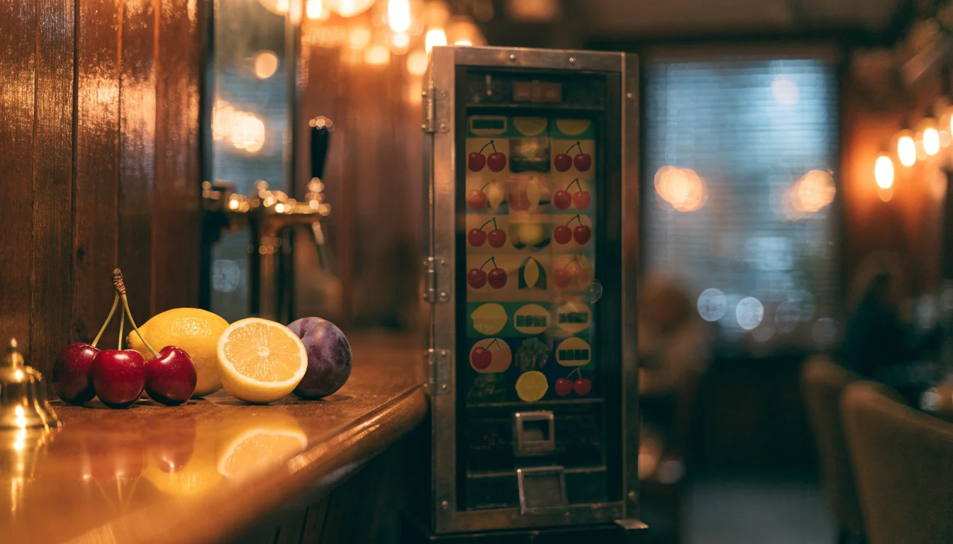 Classic British pub scene with a vintage fruit machine and fresh fruit on the wooden bar counter