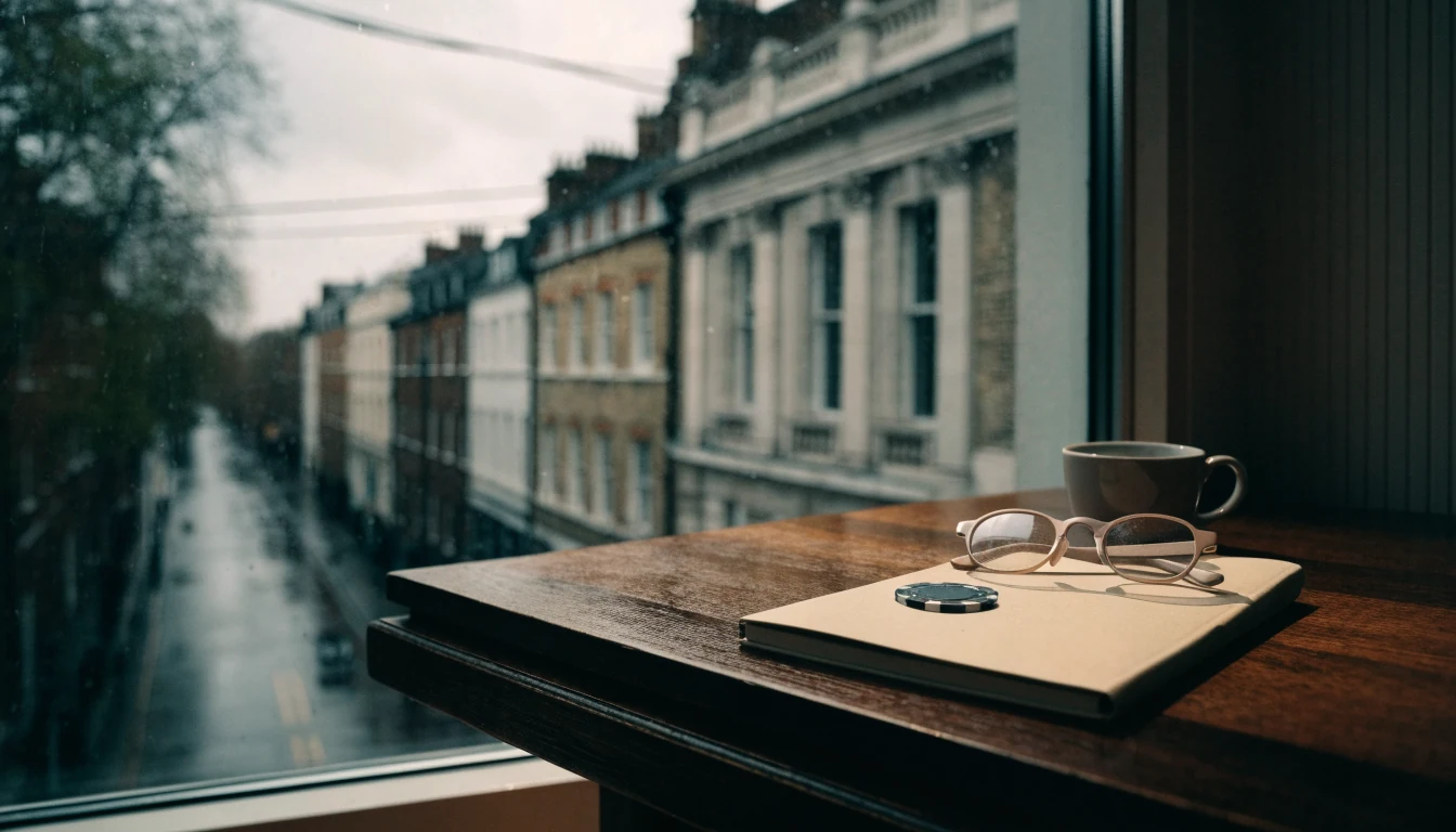 Closed notebook, glasses and casino chip on a calm British desk