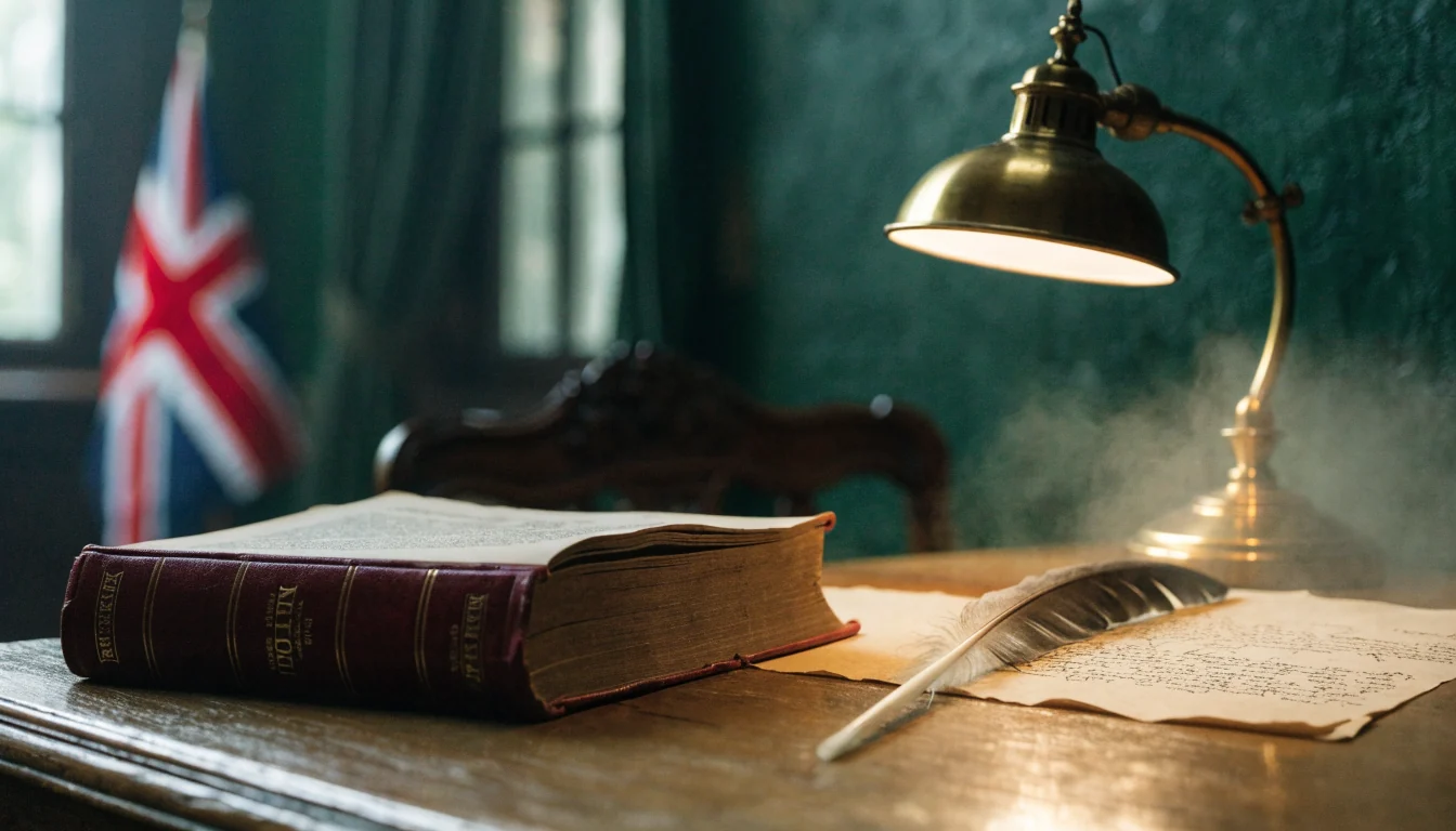 Traditional British law office desk with leather book, quill, and Union Jack
