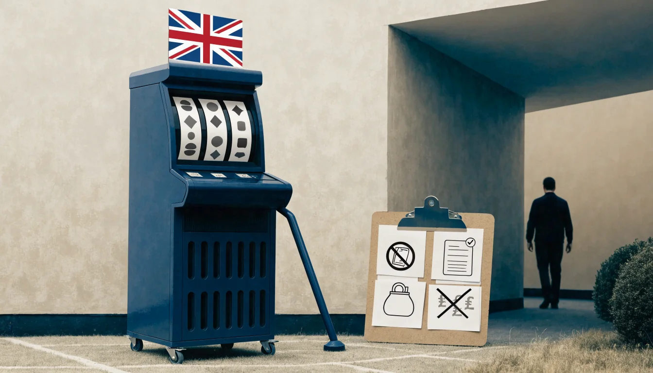 A lone slot machine in a regulated UK setting with rule clipboard