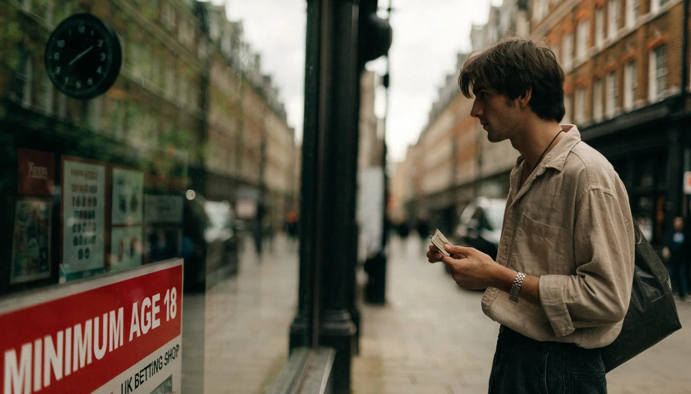 Young adult with limited cash outside a UK betting shop