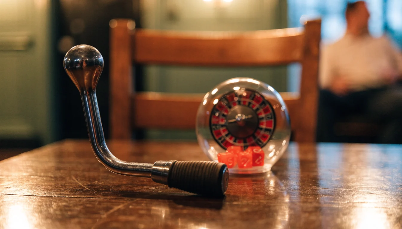 Slot lever isolated from roulette wheel and dice on table