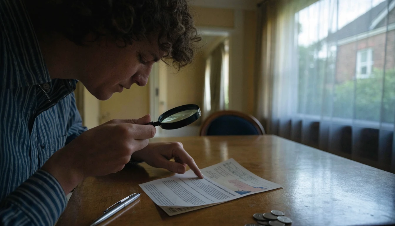 Person scrutinising a small-print bonus leaflet with magnifying glass