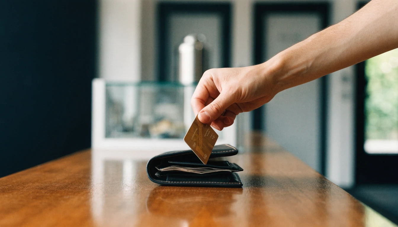 Hand withdrawing a credit card near a wallet, suggesting restriction