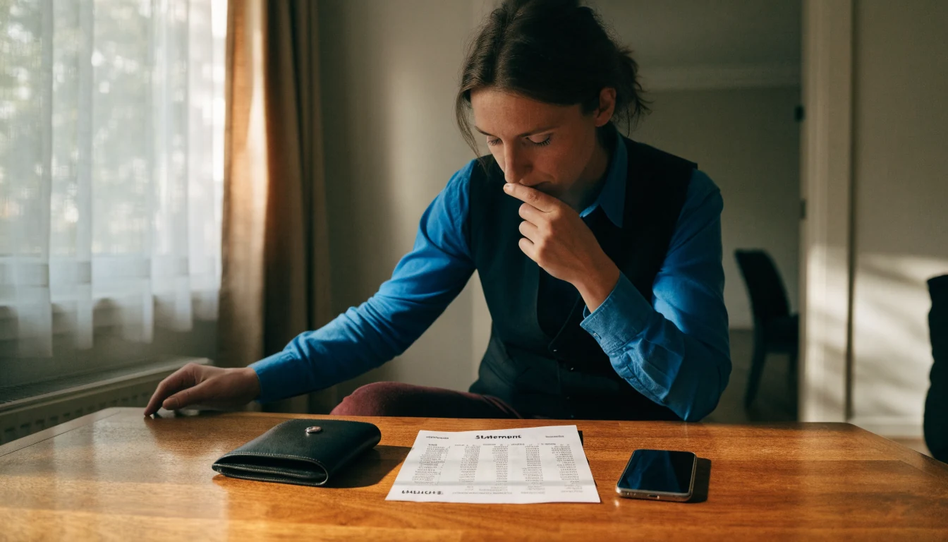 Person reviewing a bank statement beside a face-down phone and wallet