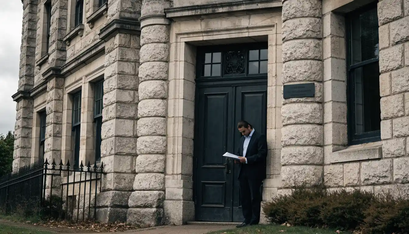 Person at the entrance of an official UK regulatory building