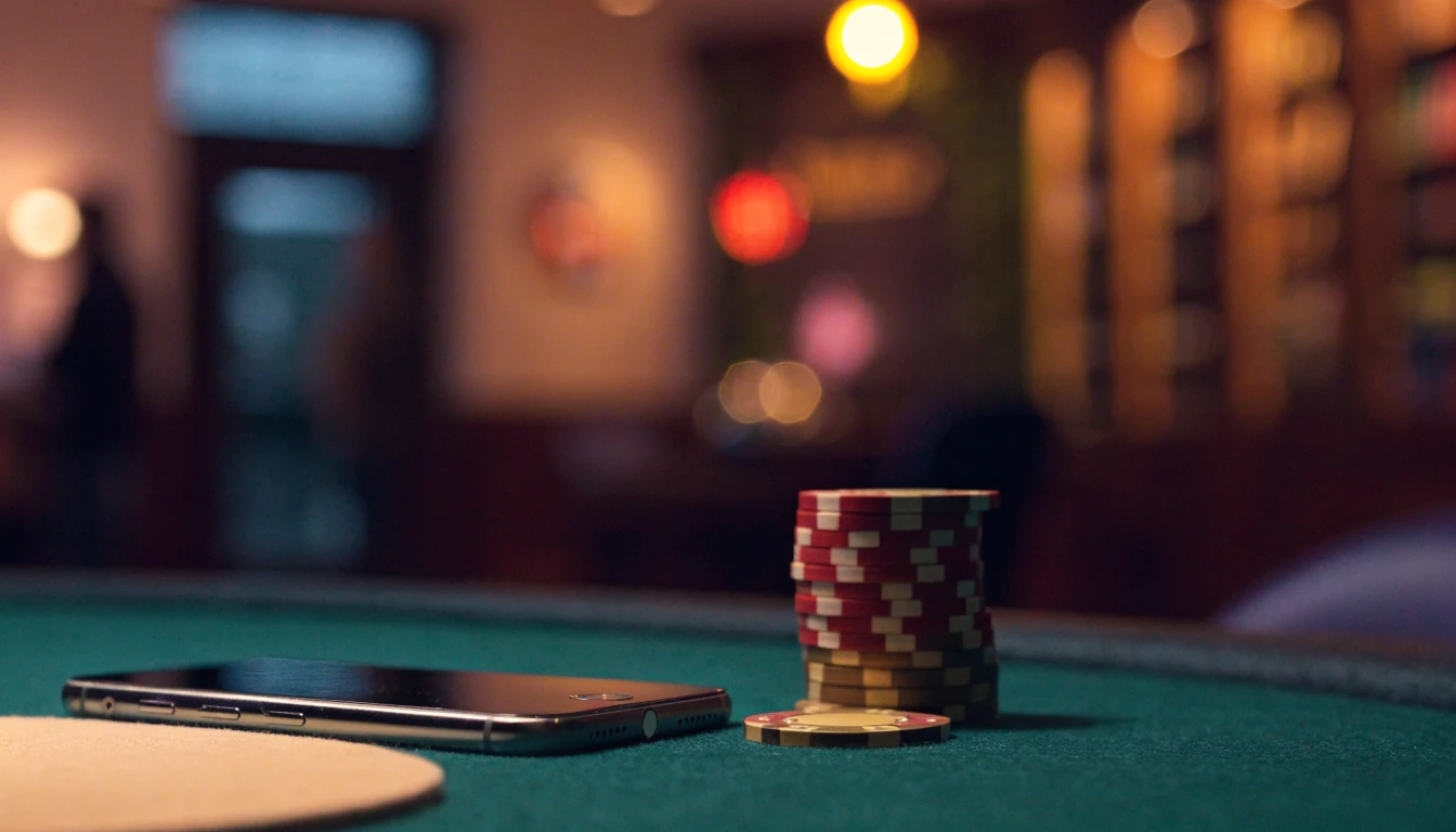 Smartphone face-down on a green casino felt with chips, warm UK lounge lighting