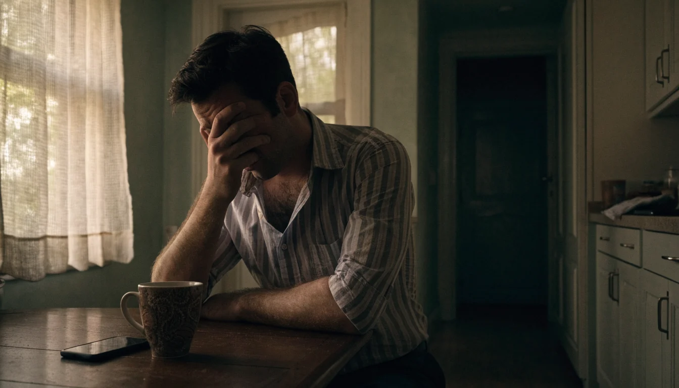 Man looking troubled at kitchen table with phone placed face-down