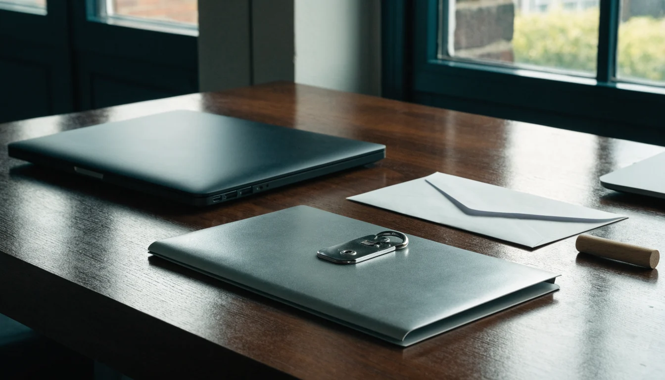 Closed laptop and secured documents on a calm office desk