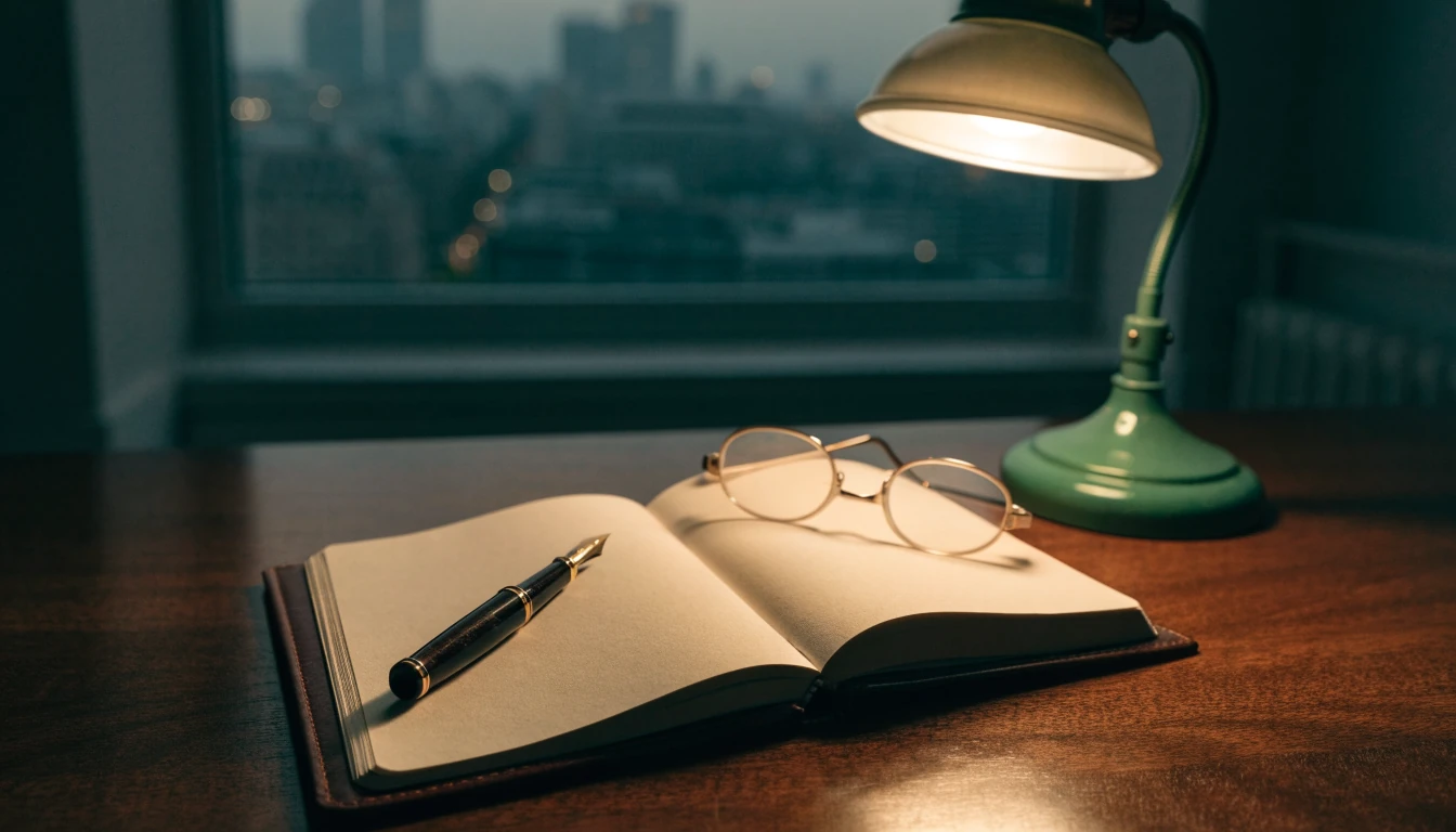 Open notebook with fountain pen on a desk with London skyline